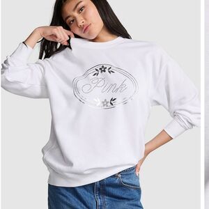 PINK Victoria's Secret White Flower BLING Oversized Crew Sweatshirt XS MSRP $70
